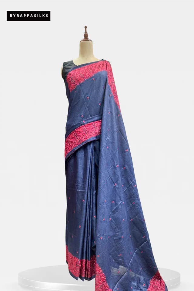 Semi Tussar Saree With Embroidery Border Blue Colour QS315053