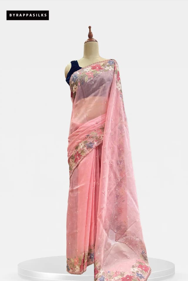 Organza Saree Embroidery Border Baby Pink QS315096
