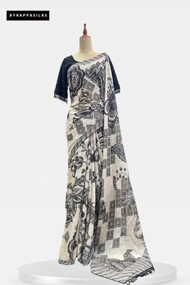 Chiffon Saree With Heavy Ready Blouse Black & White QW208753