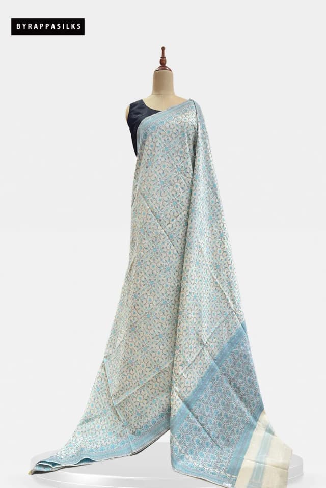 Kora Cotton Saree Geometric Ivory And Aqua Blue Blue QS319457