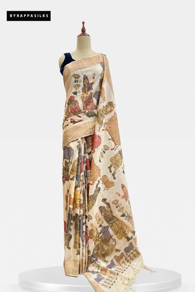 Pure Tussar Exquisite Cream Hand-Painted Kalamkari AA201586