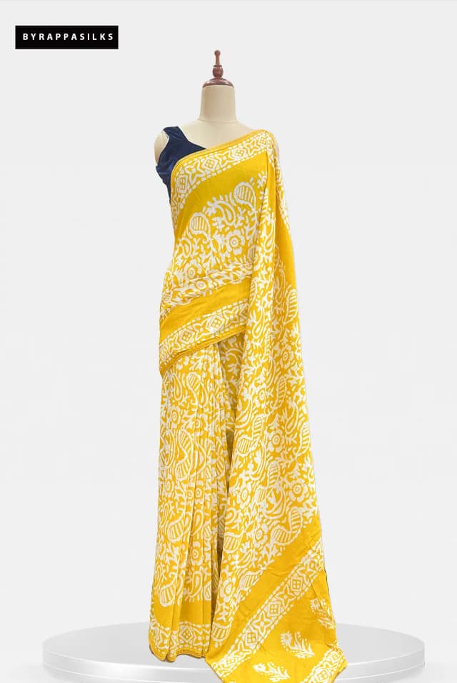 Mul Cotton Saree Block Batik Yellow AA206575