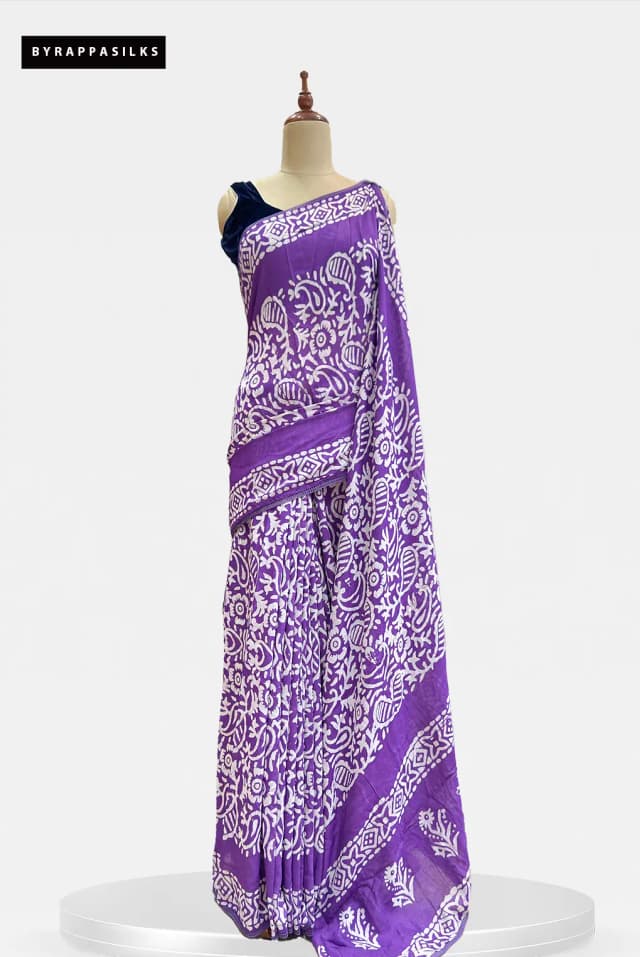 Mul Cotton Saree Block Batik Royal Purple AA206575