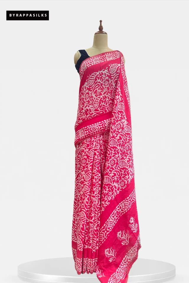 Mul Cotton Saree Block Batik Pink AA206575