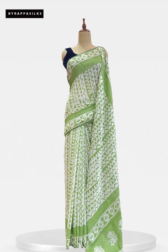 Mul Cotton Saree Geometric Leaf Green AA206575