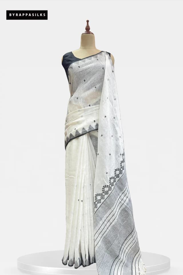 Linen Saree With White & Black Temple Border AA207923