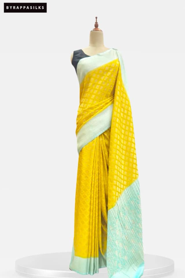 Khaddhi Georgette Saree Yellow & Sky Blue AS200131