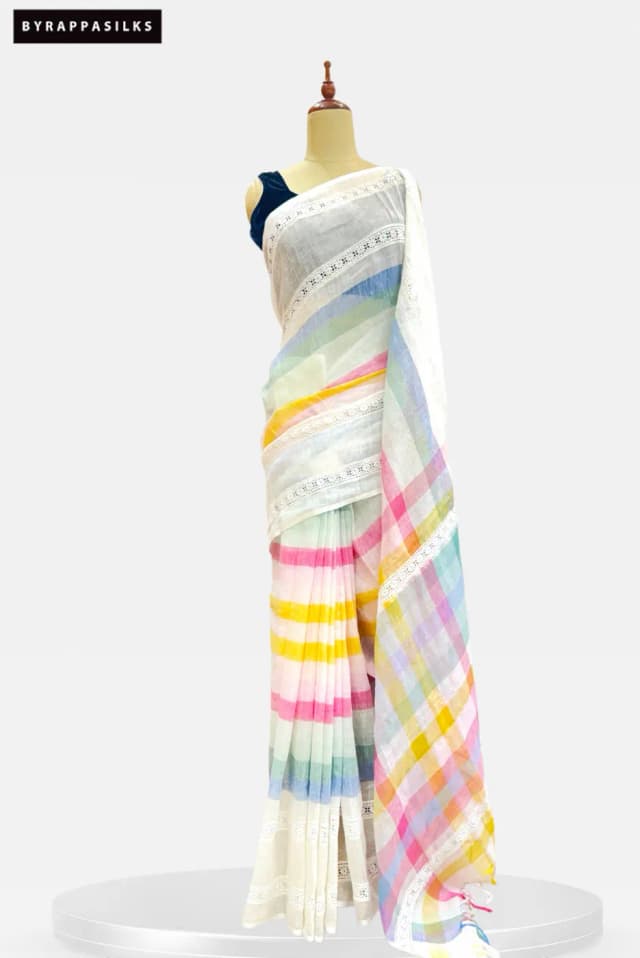 Linen Cotton Saree Multi-Color Rainbow Stripe White Lace Border AA207958