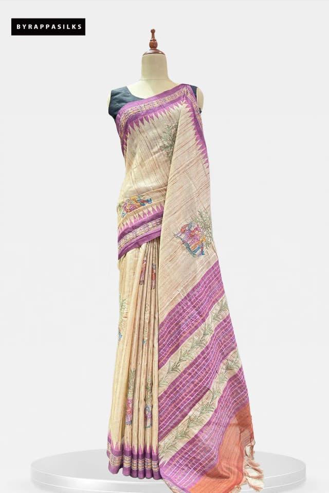 Semi Tussar Saree Hand Work Beige & Vibrant Purple QS319126