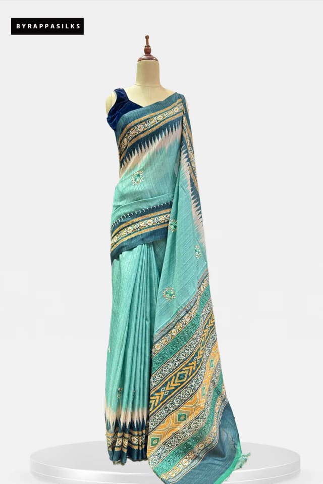 Semi Tussar Saree Hand Work Sea Green QS311238