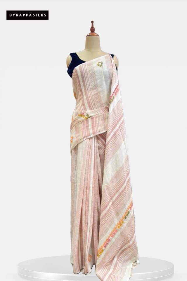 Pure Linen Saree Off-White & Pastel Pink AA210459