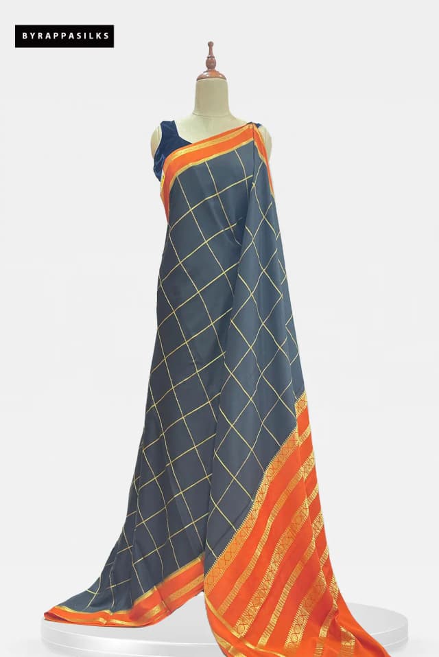 Pure Mysore Silk Saree Checks Black With Orange Border AA207608