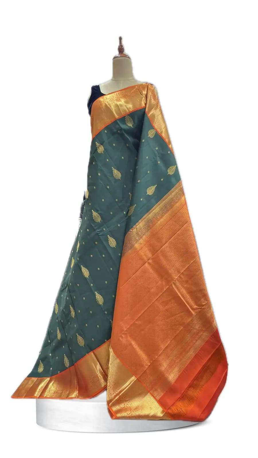 Semi Kanchivaram Green with Orange Border QS305618