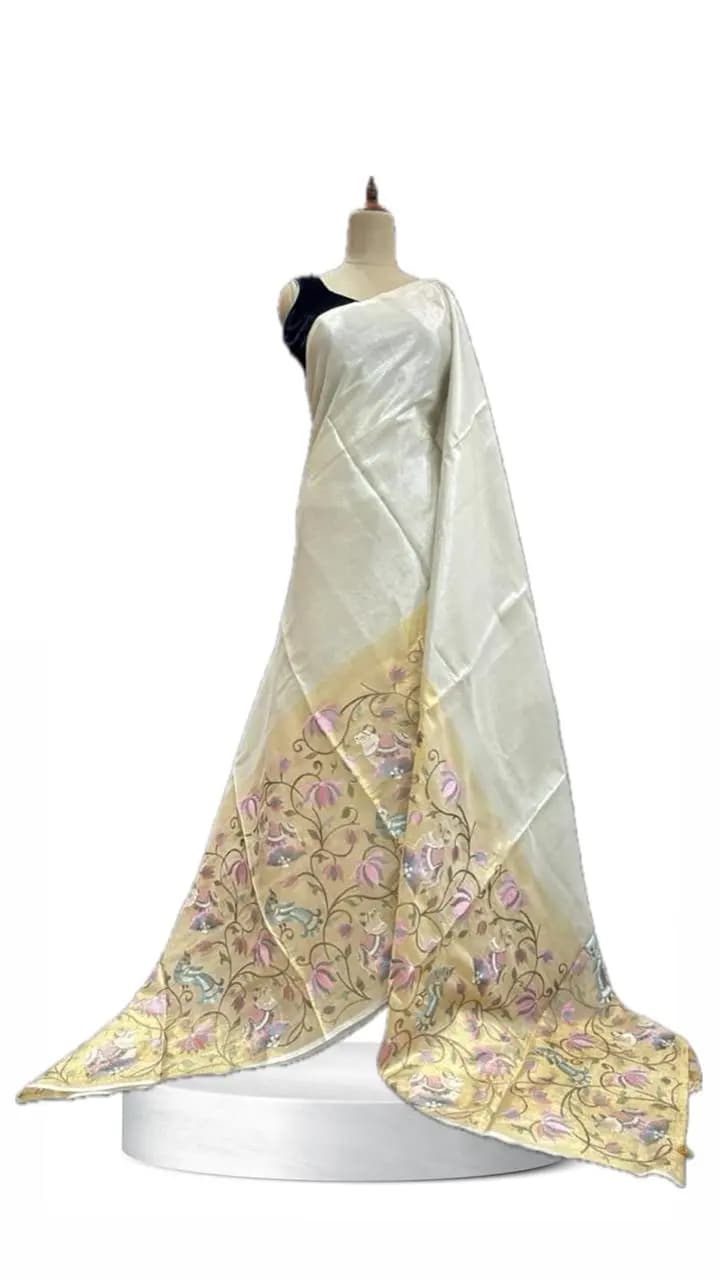 Tissue Organza Half White with Pink flower Design QS319275