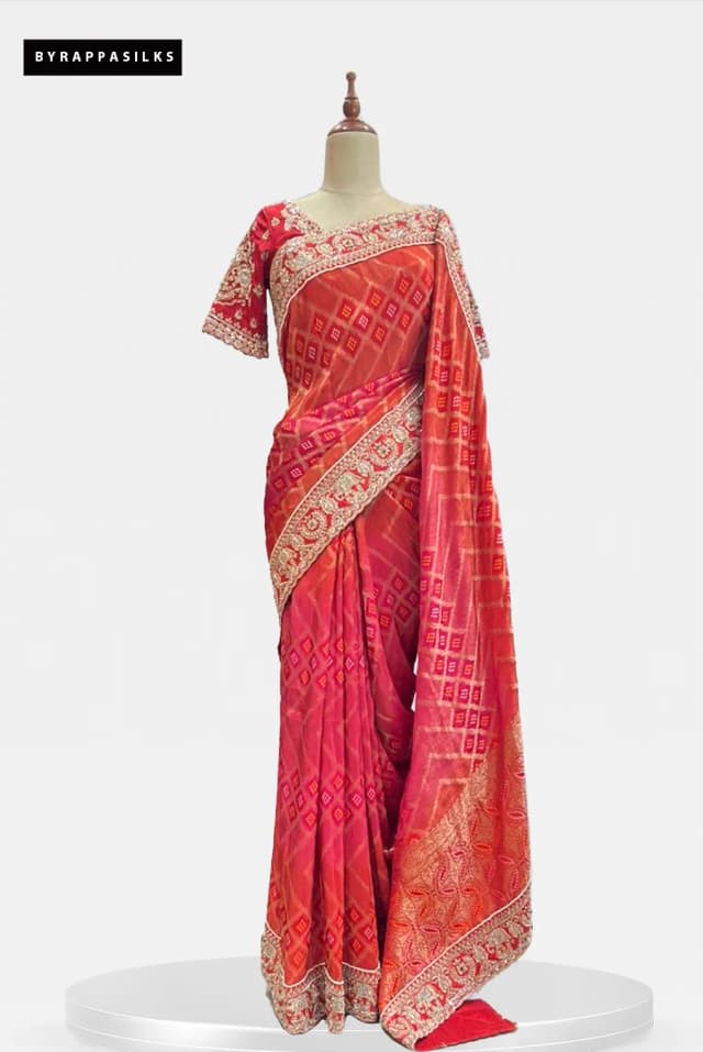 Bandhani Saree Dual Shade Multicolour With Red Ready Blouse AS200051
