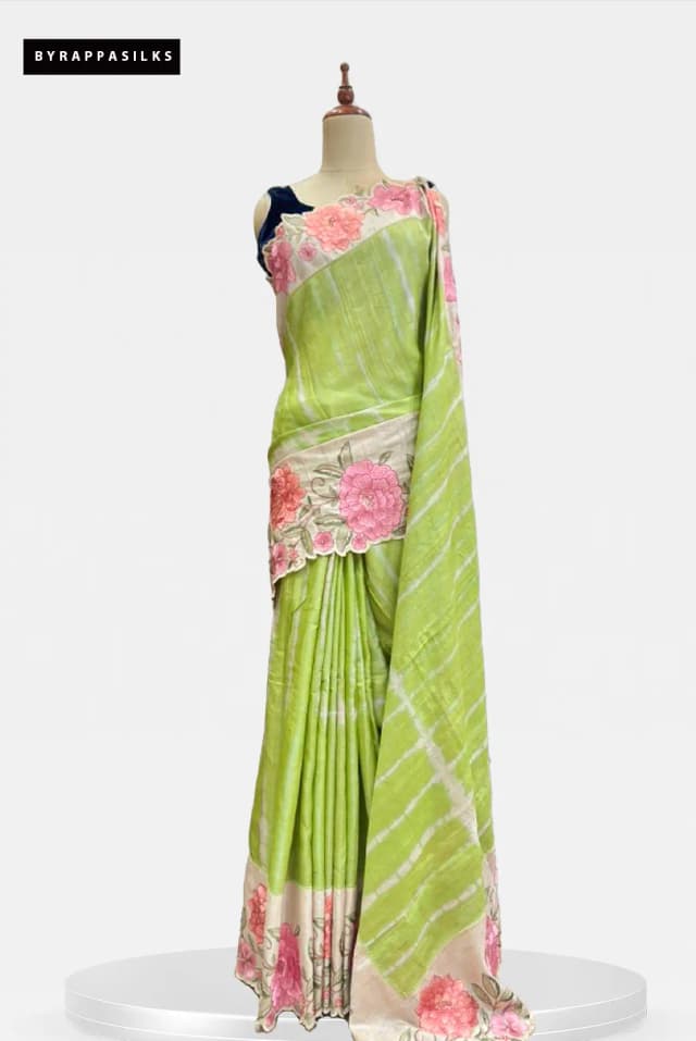 Pure Tusser Saree Green with Flower Design QS283085