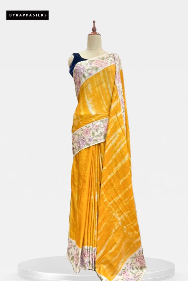 Pure Tusser Saree Musted Yellow with Flower Design QS286870