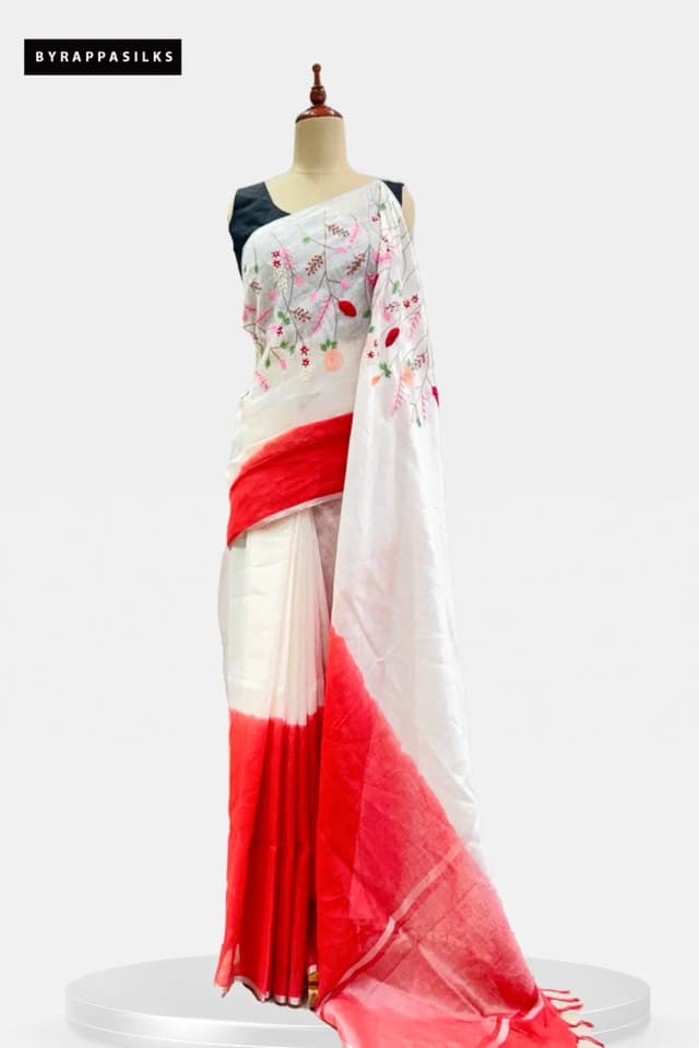 Linen Cotton Saree White With Crimson Red AA300350