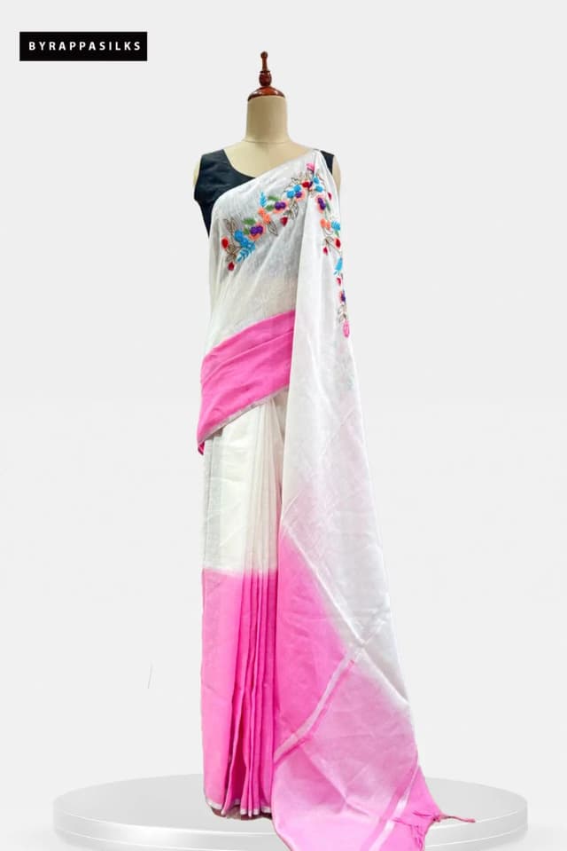 Linen Cotton Saree White With Blush Pink AA300350