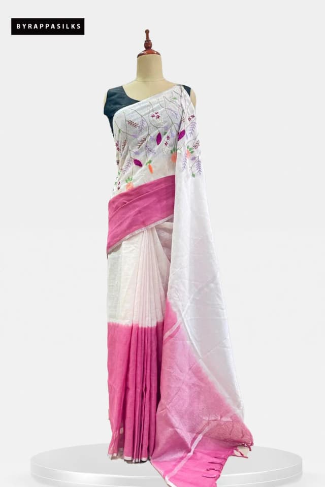 Linen Cotton Saree White With Deep Pink AA300350