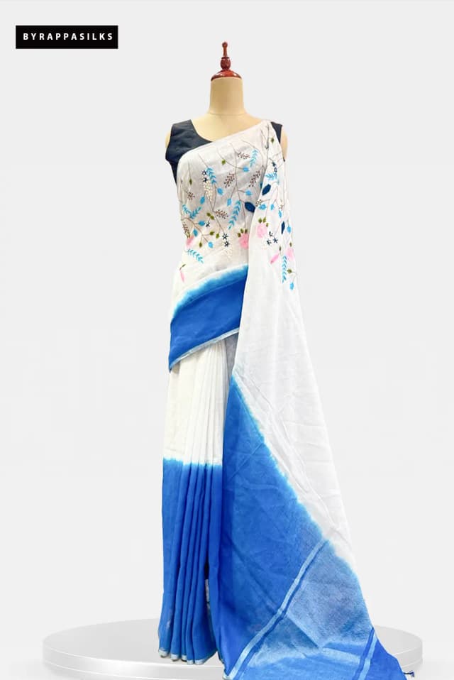 Linen Cotton Saree White With Blue AA300350