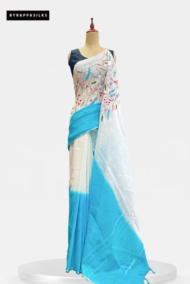 Linen Cotton Saree White With Sky Blue AA300350