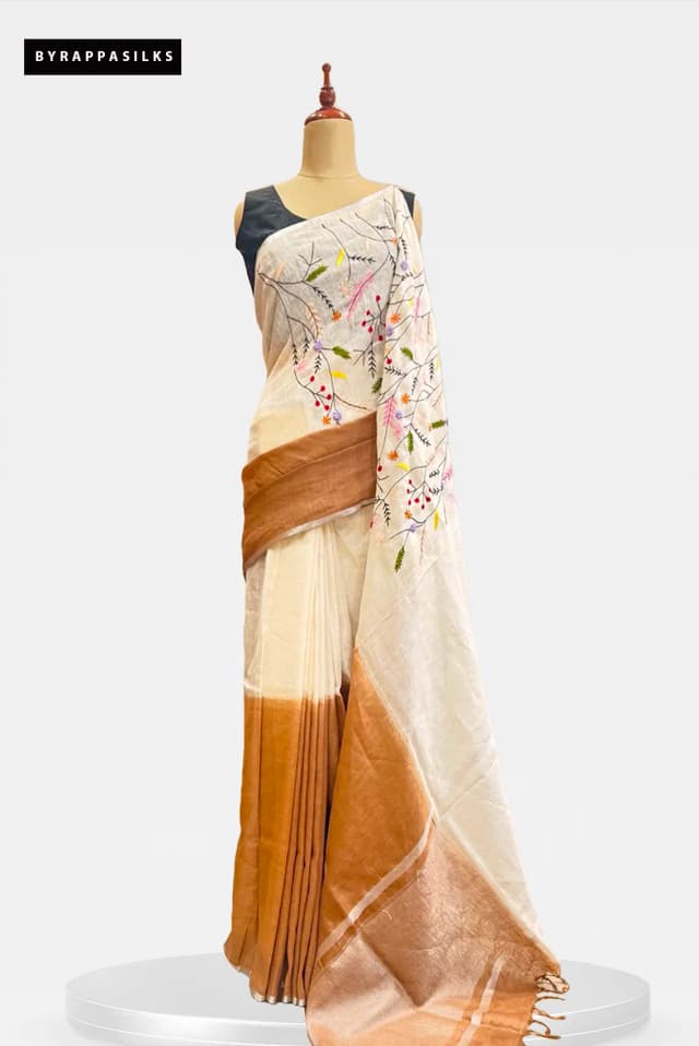 Linen Cotton Saree White With Light Brown AA300350