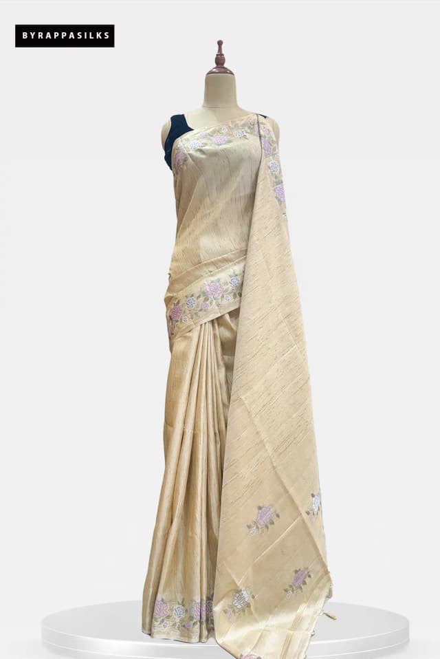 Semi Tussar Saree Beige Floral Embroidery AA300263