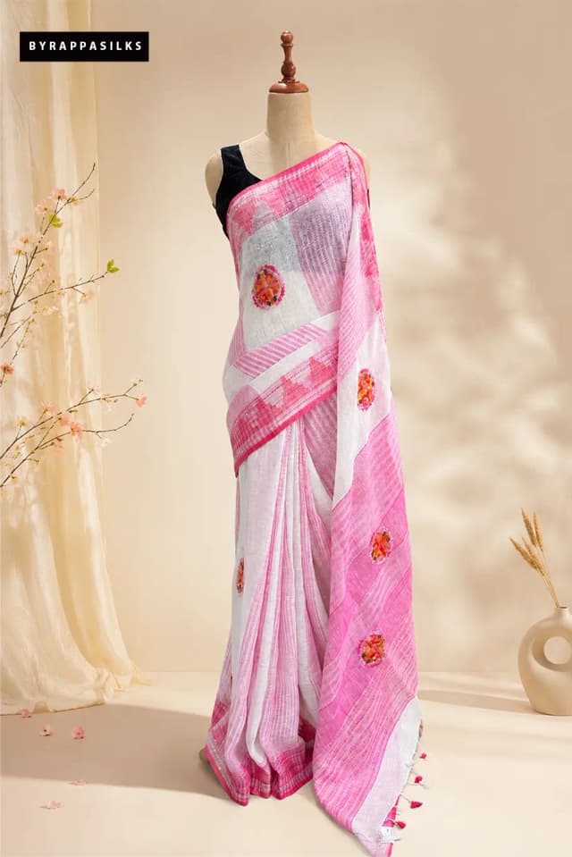 Linen Saree Delicate Embroidery With White & Pink QS304656