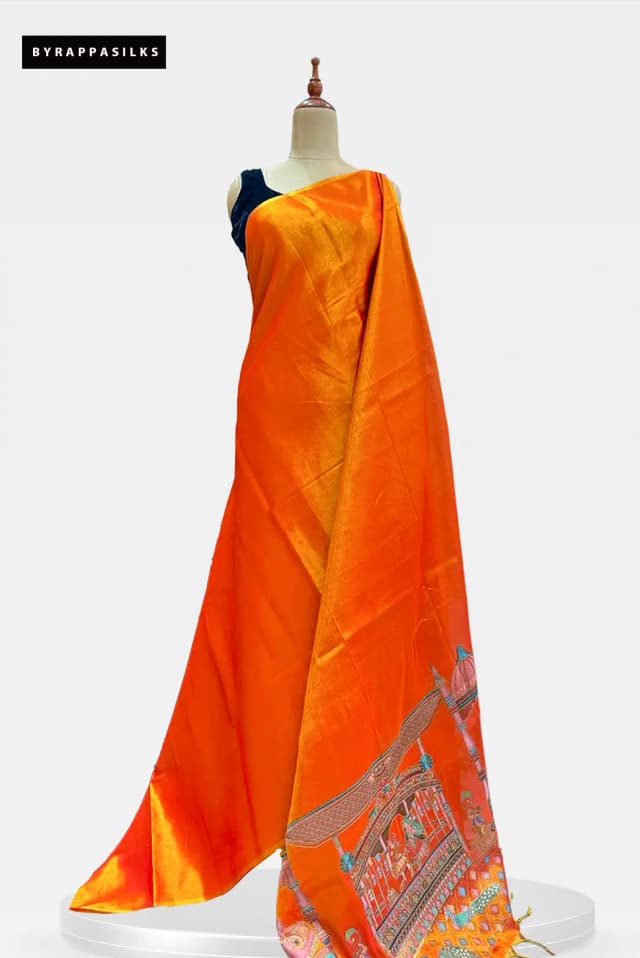 Tissue Saree Vibrant Orange Colour Traditional Folk Art Pallu AA300343