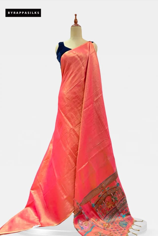 Tissue Saree Peach Pink Dual-Tone Colour Traditional Folk Art Pallu AA300343