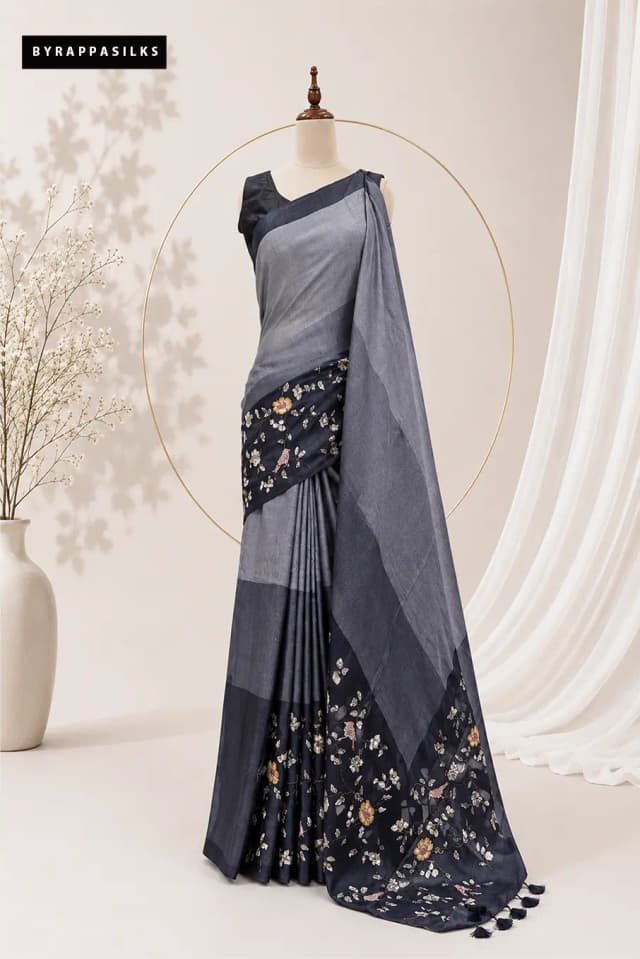 Pure Tussar Saree Grey & Black AA301305