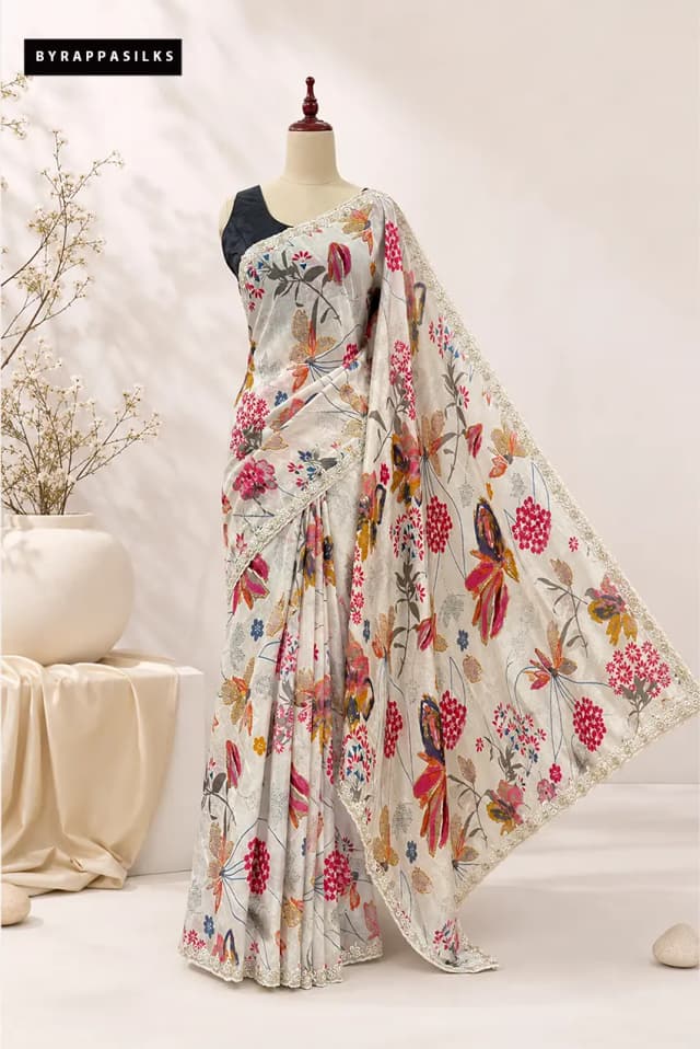 Chiffon Saree Floral Print Off-White QS308050