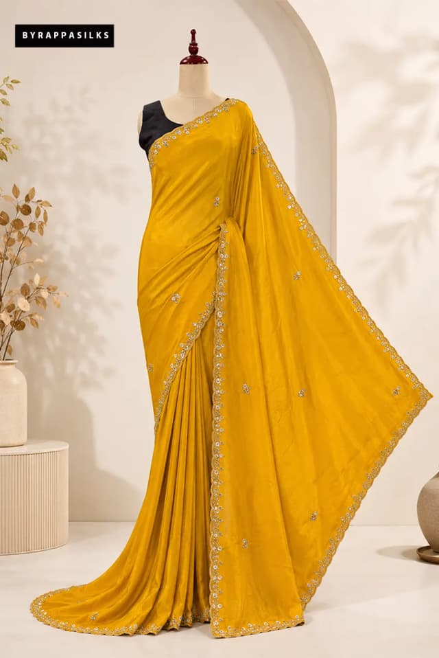 Chiffon Saree Mustard Yellow Embroidery Border QS308050