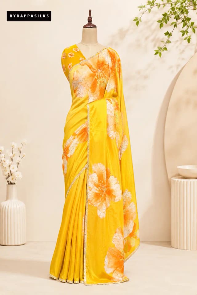 Floral Printed Crape Saree Yellow QS310873