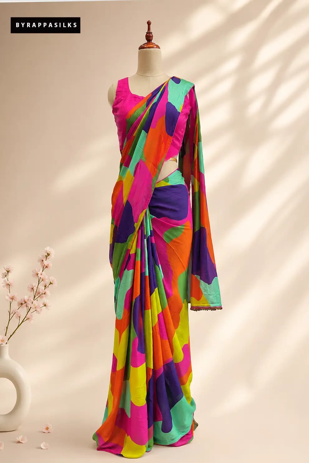 Multicolour Abstract Print Saree with 2 Blouses Designer Pink Mirror Work Blouse & Matching Blouse AA311090
