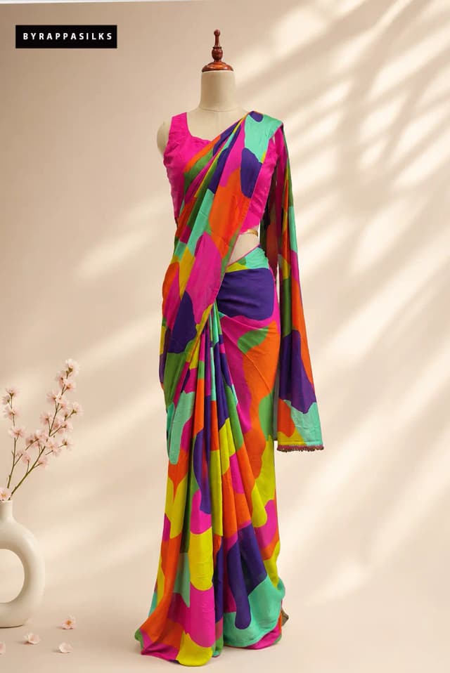 Multicolour Abstract Print Saree with 2 Blouses Designer Pink Mirror Work Blouse & Matching Blouse AA311090