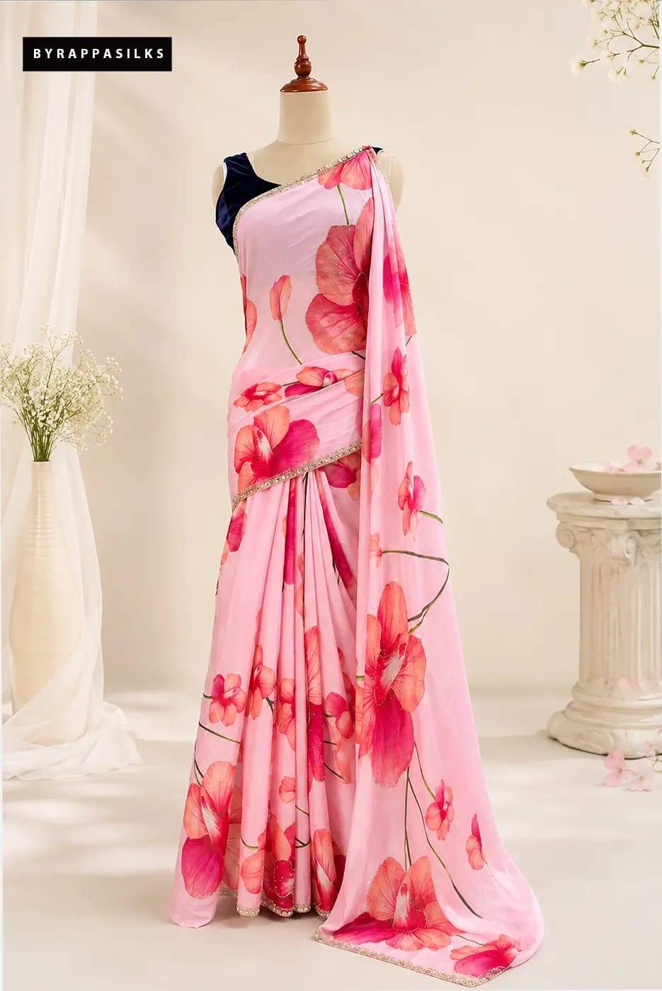 Floral Printed Crape Saree Pink AA306616
