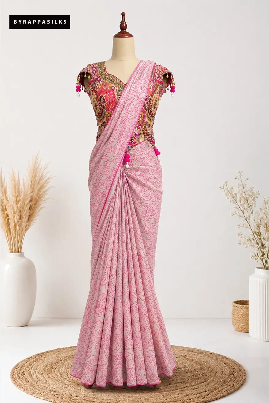 Printed Pink Saree with Designer Blouse AA311090