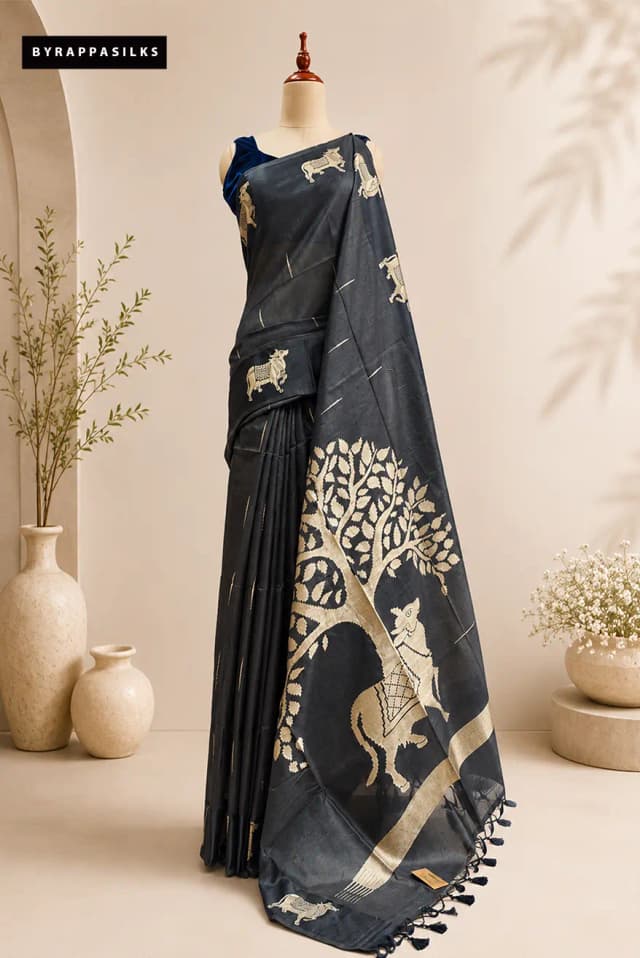 Semi tussar saree Black color AA314922