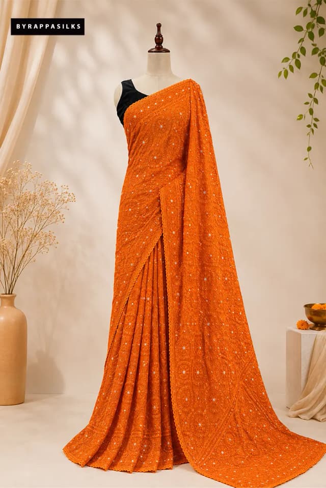 Lucknowi Chikankari sarees Orange Colour 313513