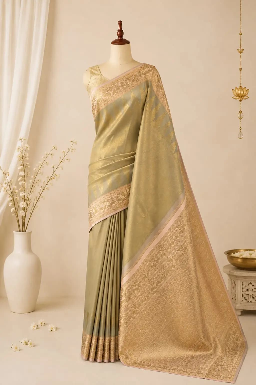 Semi Kanchipuram Saree With Olive Green Temple Border AS200572
