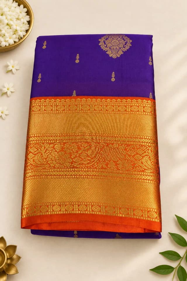 Semi Kanchipuram Saree Purpal Colour With Orange Border QS305618