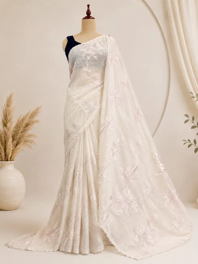 Organza Saree Cream Colour With Aplic Work AA315405