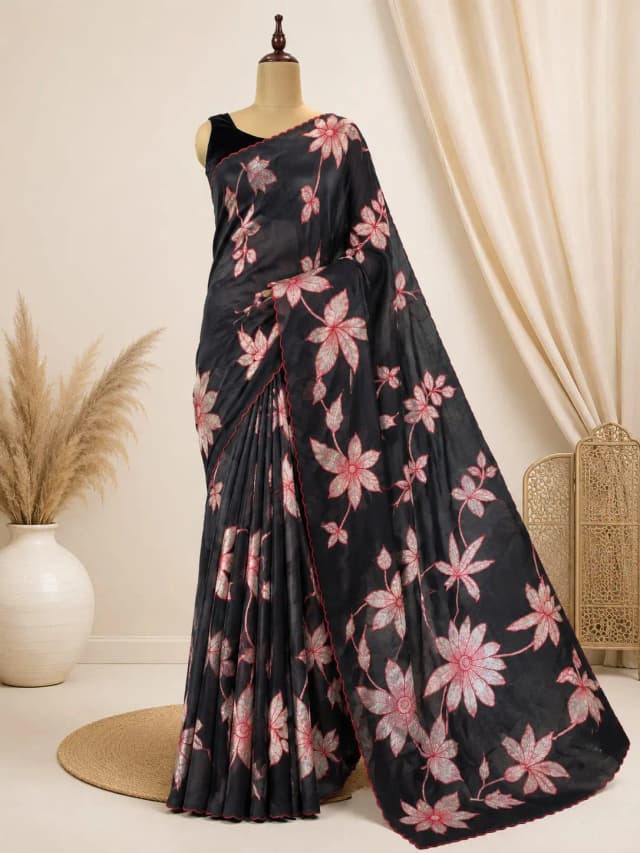 Organza Saree Black Colour With Aplic Work AA315405