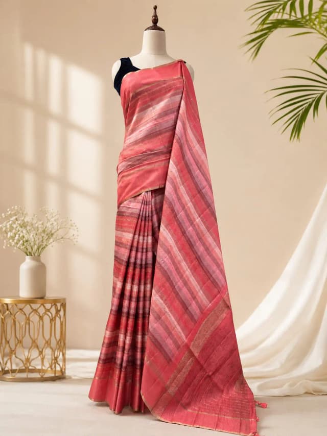 Semi Tussar Coral Pink Multi Striped Saree AA314732