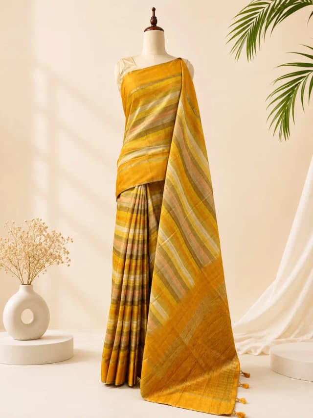 Semi Tussar Mustard Yellow Multi Striped Saree AA314732