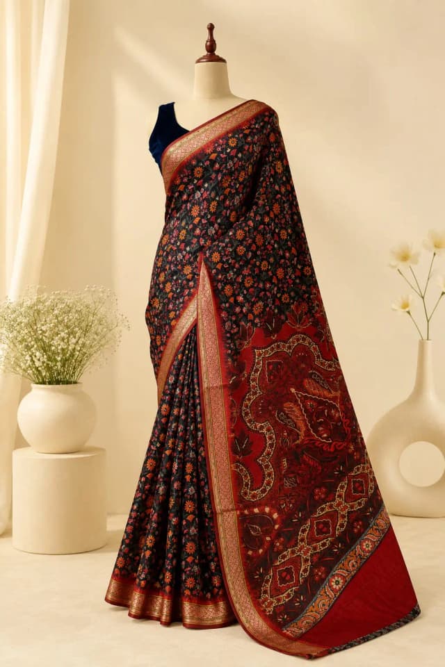 Chandari Block Print Saree Green Colour AA314792