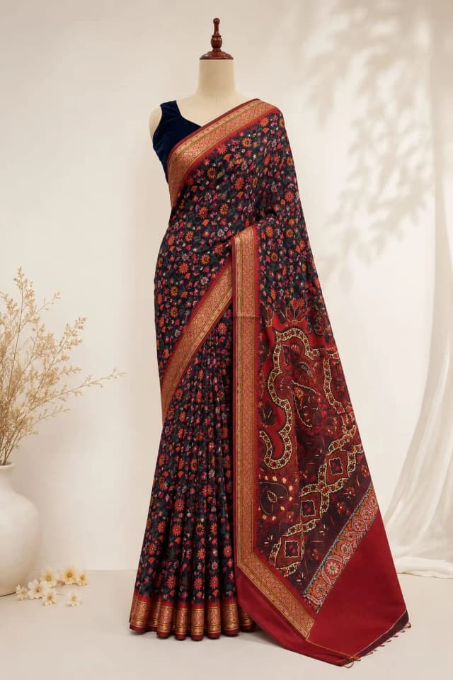 Chandari Block Print Saree Black Colour AA314792