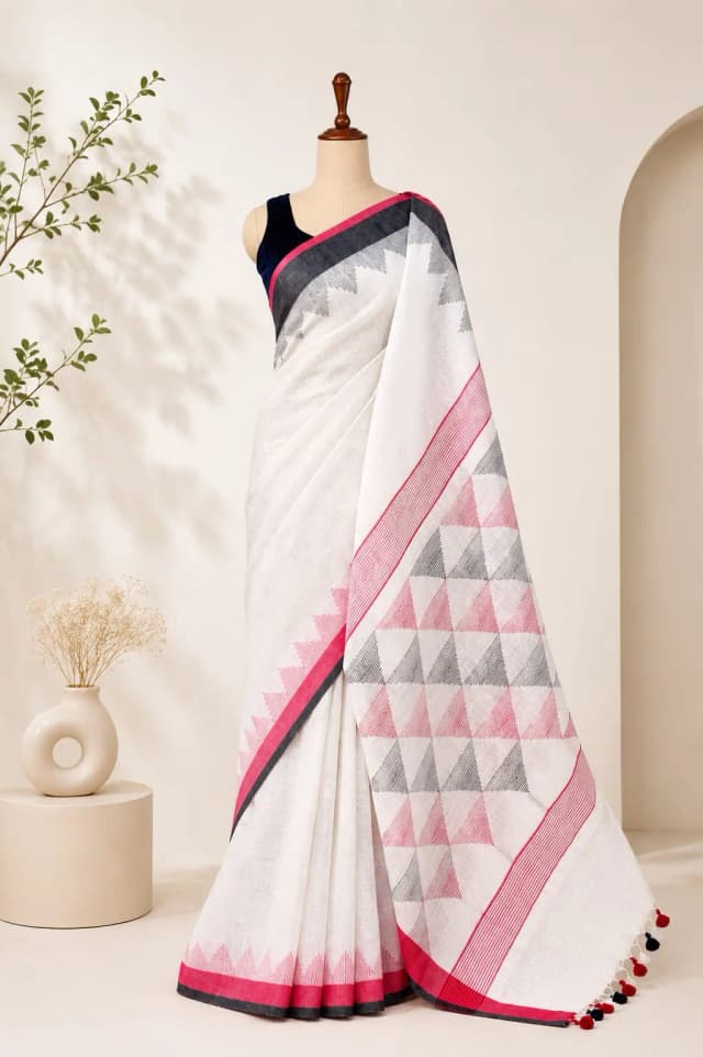 Pure Linen Saree With White & Red, Black Border AA315946